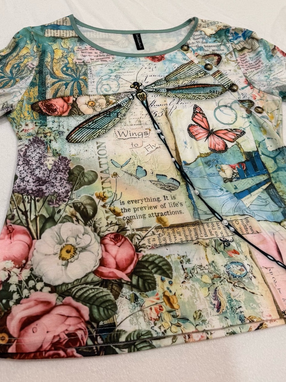 Women’s Floral Dragonfly Button-Accent Top in Multi